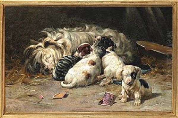 A Dog With Puppies Oil Painting by Simon Simonsen