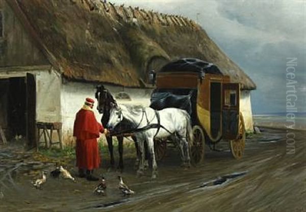 A Post Coach Halting By A Farm Oil Painting by Simon Simonsen