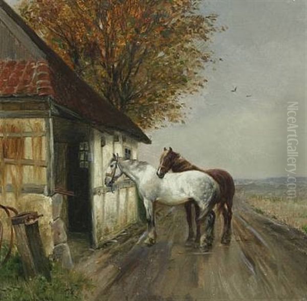 Heste Ved En Smedie Oil Painting by Simon Simonsen