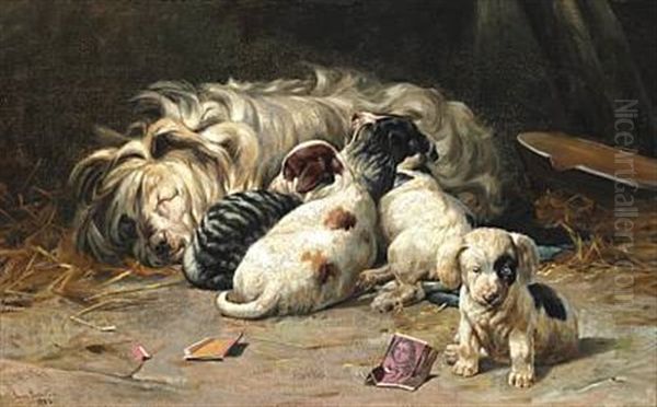 A Dog With Puppies Oil Painting by Simon Simonsen