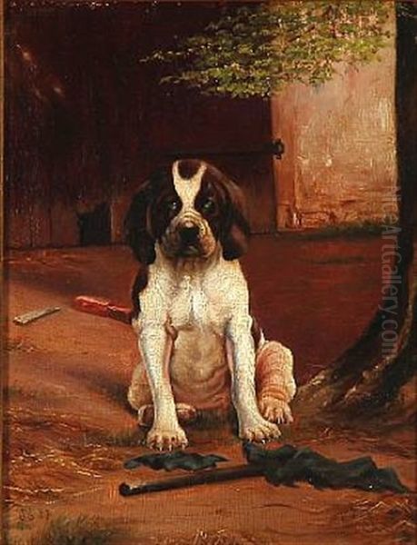 A Puppy At A Tree Oil Painting by Simon Simonsen