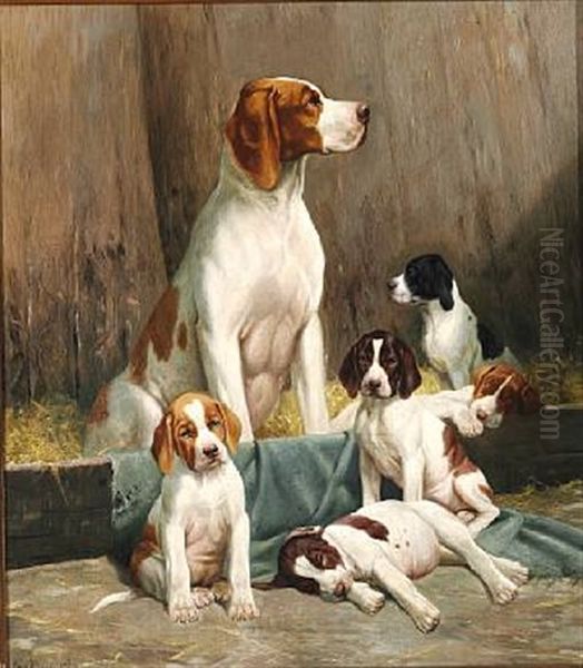 A Pointer With Her Puppies Oil Painting by Simon Simonsen