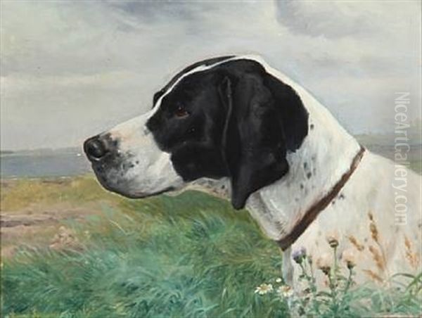 A Hunting Dog Oil Painting by Simon Simonsen