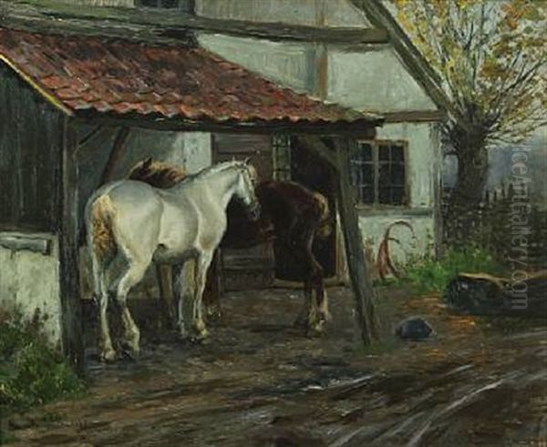 Scenery With Horses By A Farm Oil Painting by Simon Simonsen