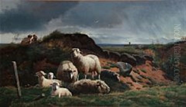 Coastal Scape With Sheep And Children In The Dunes Oil Painting by Simon Simonsen