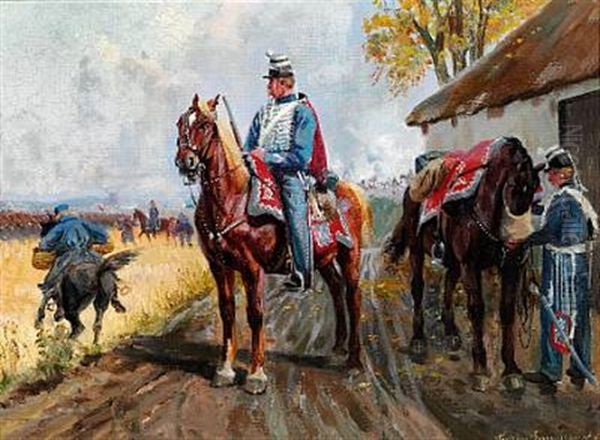 Danish Hussars Setting Out For A Military Exercise Oil Painting by Simon Simonsen