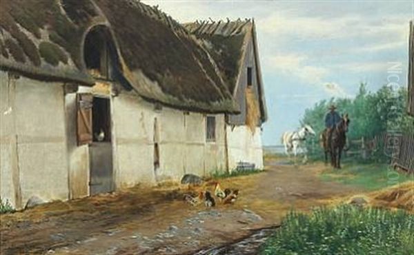 Farm Exterior With Farmer On His Horse Oil Painting by Simon Simonsen