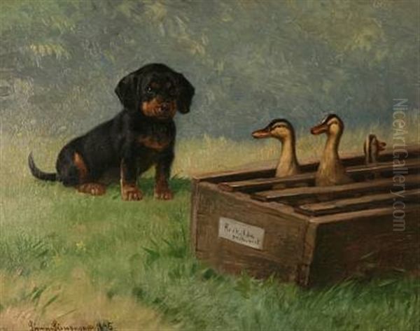 A Puppy Looks At Ducks Oil Painting by Simon Simonsen