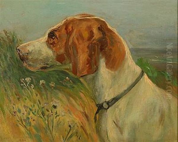 A Hunting Dog Oil Painting by Simon Simonsen