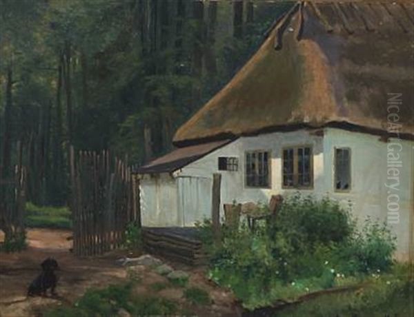 Dachshund Outside A Forest Guard Cottage Oil Painting by Simon Simonsen