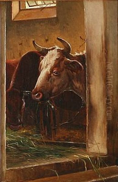 Koer I Stalden (cows In The Barn) Oil Painting by Simon Simonsen