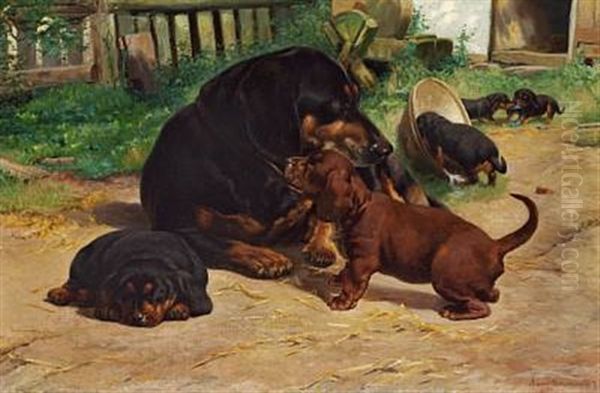 A Dachshund With Her Puppies Oil Painting by Simon Simonsen