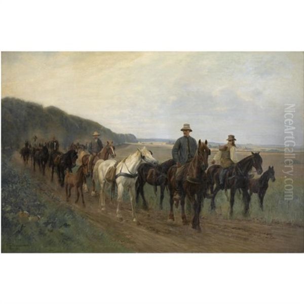 Pa Vej Til Heste Marked (going To The Horse Fair) Oil Painting by Simon Simonsen