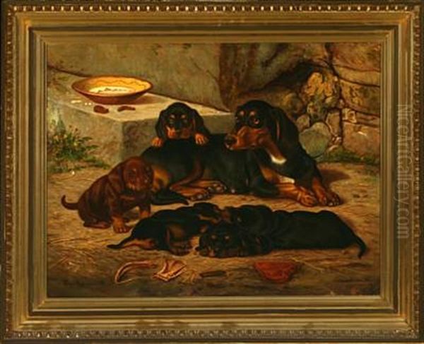 Dax With Puppies Oil Painting by Simon Simonsen