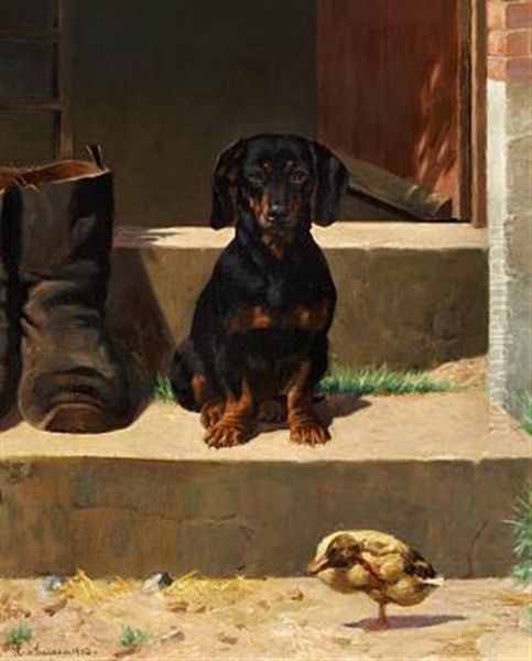 Dachshund And Duckling At A Doorstep by Simon Simonsen