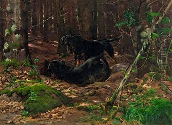 Two Playful Dogs In The Woods Oil Painting by Simon Simonsen