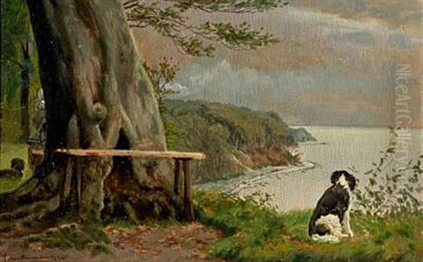 A Woman And Two Dogs Enjoying A View Of The Water Oil Painting by Simon Simonsen