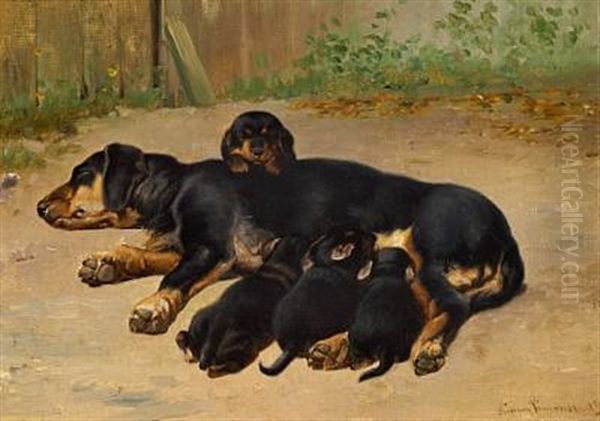 A Dachshund And Her Puppies Oil Painting by Simon Simonsen