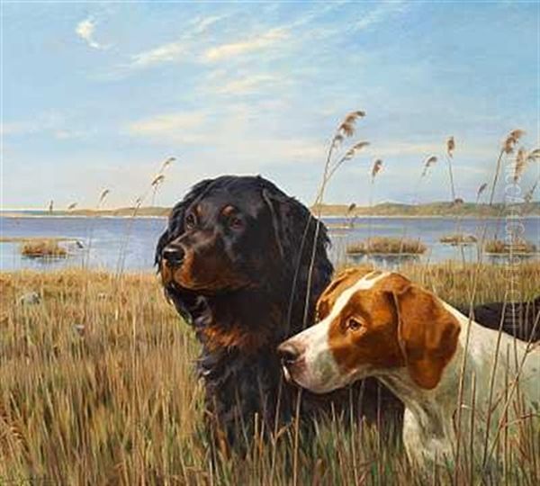 En Pointer Og En Gordonsetter Pa Jagt I Sivene Oil Painting by Simon Simonsen