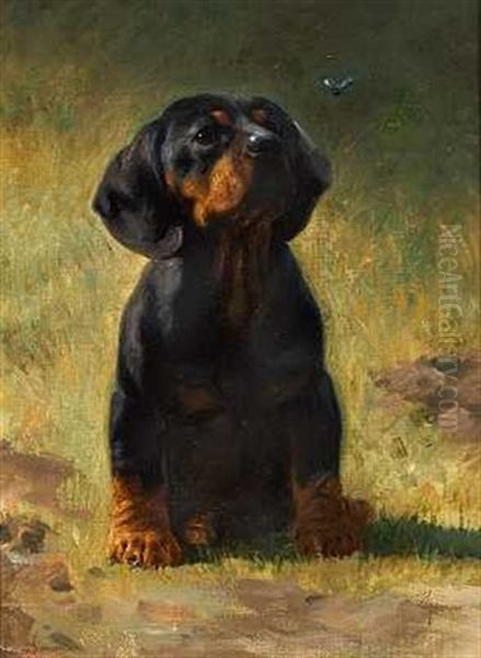 En Gravhundehvalp Studerer Et Flyvende Insekt Oil Painting by Simon Simonsen