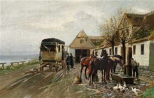 Uden For En Kro. Diligencehestene Bliver Vandet Oil Painting by Simon Simonsen