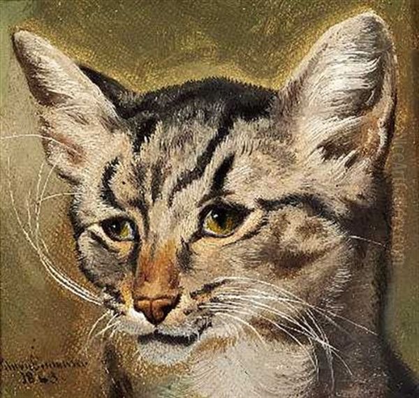 En Grastribet Kat Oil Painting by Simon Simonsen