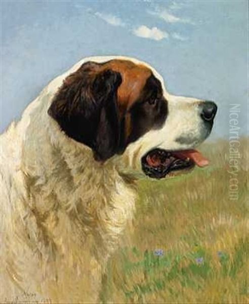 "nestor" En Sanktbernhardshund Oil Painting by Simon Simonsen