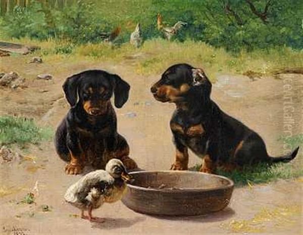 Gravhundehvalpe Og En Aelling Oil Painting by Simon Simonsen