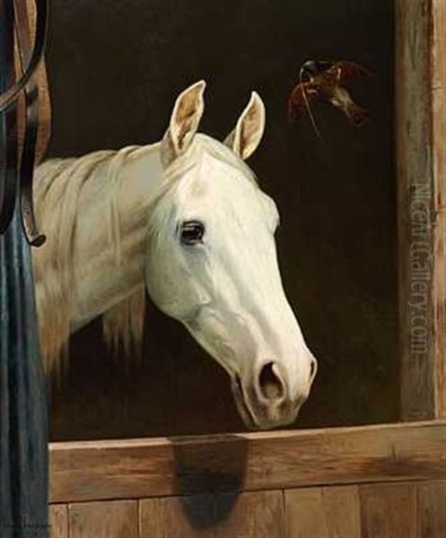 En Hvid Hest Og En Spurv I Stalddoren Oil Painting by Simon Simonsen