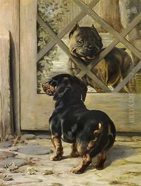 En Gravhund Og En Bulldog Oil Painting by Simon Simonsen