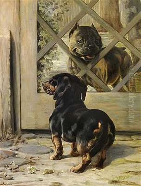 En Gravhund Og En Bulldog I En Hundegard Oil Painting by Simon Simonsen