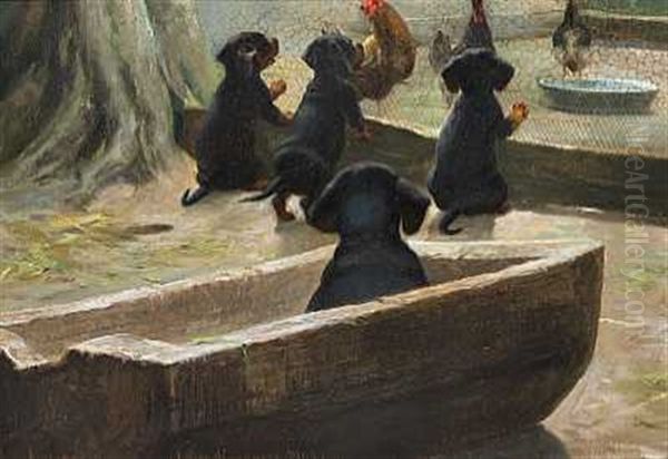 Gravhundehvalpe Pa Eventyr Oil Painting by Simon Simonsen