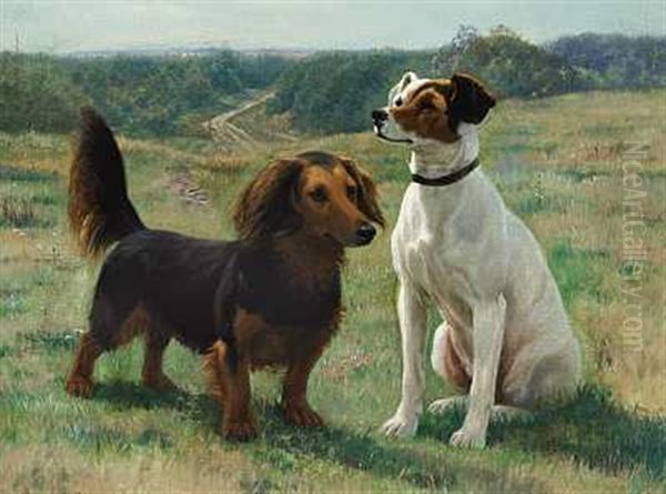 Graevlingehunden Gravmand Og Foxterrieren Molly Af Lerchenborg, Malet I Stenrand Plantage Oil Painting by Simon Simonsen