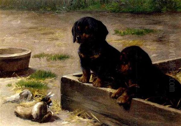 Dachshund Puppies With A Bumblebee Oil Painting by Simon Simonsen