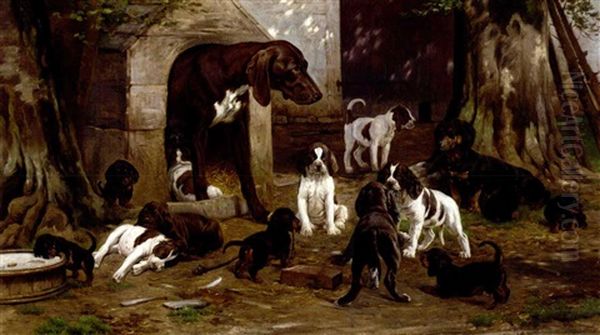 Pointer And Dachshund Dogs With Their Puppies Outside A Kennel Oil Painting by Simon Simonsen