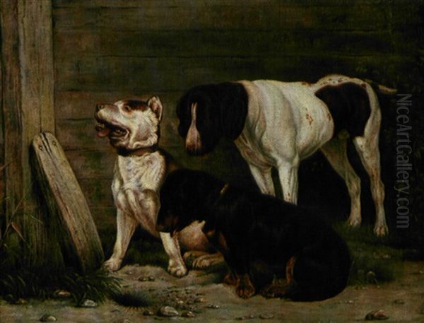 Tre Hunde Ved Et Rottehul Oil Painting by Simon Simonsen