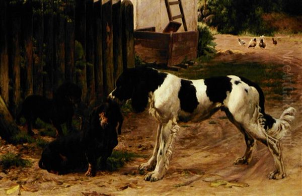 To Gravhunde Og En Saetter Oil Painting by Simon Simonsen