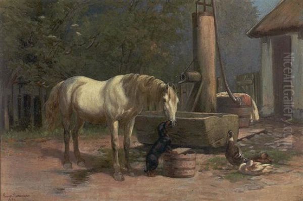 Gardexterior Med Aender, Hest Og Gravhund Ved Et Vandtrug Oil Painting by Simon Simonsen