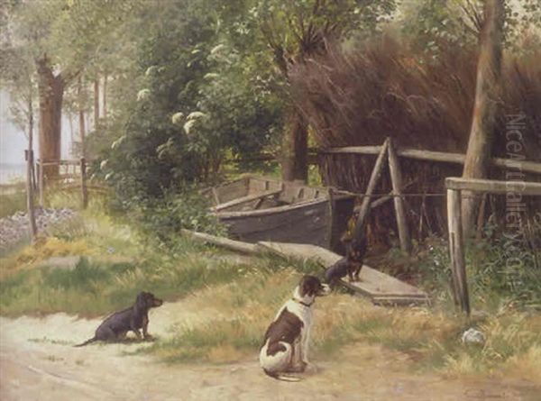 Exterior Med Hunde Ved Robad, I Baggrunden Skimtes Havet Oil Painting by Simon Simonsen