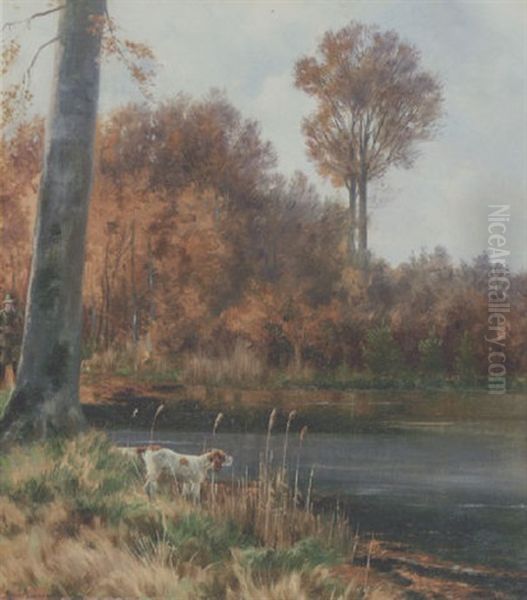 En Jaeger Med Sin Engelske Setter Ved Soens Bred En Efterarsdag Oil Painting by Simon Simonsen