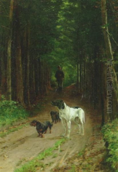 Jaeger Med Sine Tre Hunde Pa En Skovsti Oil Painting by Simon Simonsen