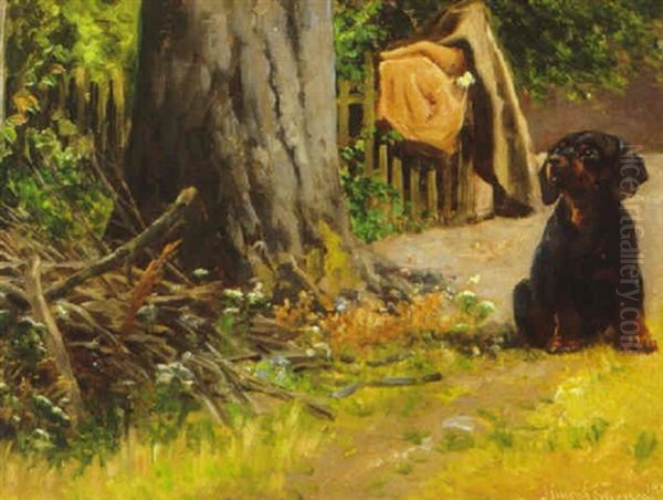 Gravhundehvalp Betragter En Sommerfugl Oil Painting by Simon Simonsen