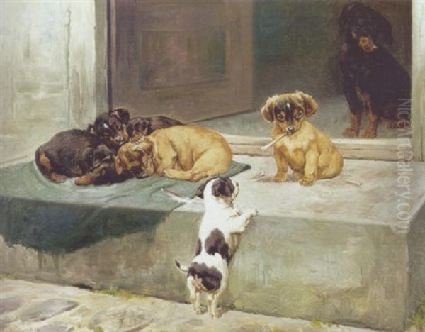 Hundehvalpe Oil Painting by Simon Simonsen