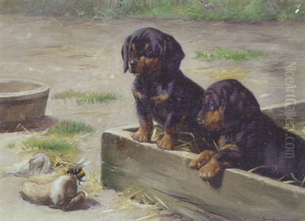 Betaenkelige Gravhundehvalpe Og Humlebi Oil Painting by Simon Simonsen