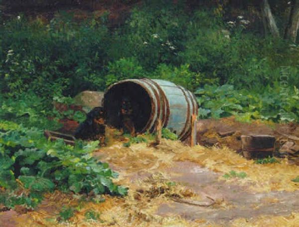 Dachshund Puppies Before An Empty Barrel Oil Painting by Simon Simonsen