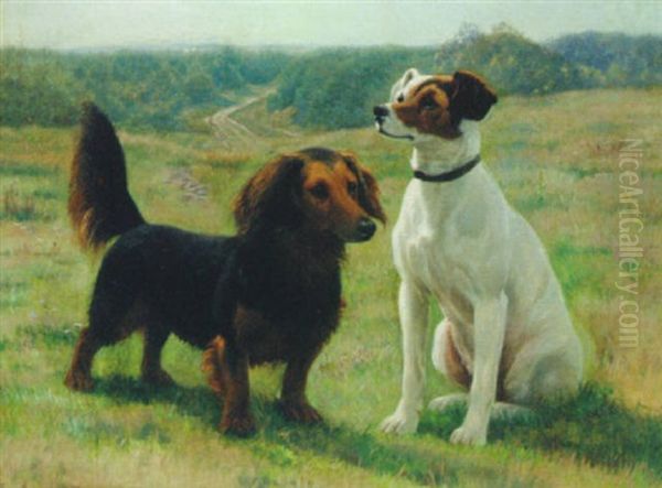 A Daschund And A Jack Russell Terrier Oil Painting by Simon Simonsen