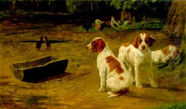 Pointers Puppies Oil Painting by Simon Simonsen