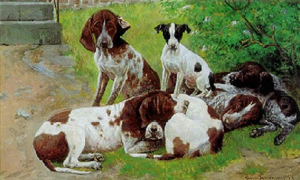 Syv Hundehvalpe Ved En Trappe Oil Painting by Simon Simonsen