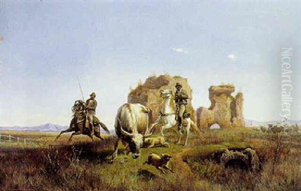 Parti Fra Den Romerske Campagne Med Ryttere Og Kvaeg Ved En Antik Ruin Oil Painting by Simon Simonsen