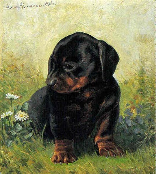 Gravhundehvalp Og Bellis Oil Painting by Simon Simonsen